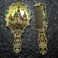 俄罗斯复古小号化妆镜手柄镜子梳子套装随身便携手持镜礼物女镜 古铜城堡套装礼盒