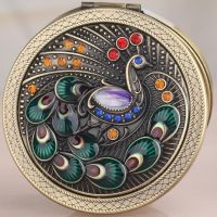 俄罗斯迷你随身双面化妆镜折叠便携小镜子复古可爱小号圆镜男女 孔雀青