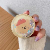 便携镜子手机壳支架流沙粘贴隐形化妆镜桌面支撑折叠可爱卡通女款 圆形流沙镜子[红帽子熊]