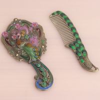 俄罗斯手柄小镜子带梳子套装复古随身便携化妆镜可折叠台式公主镜 08青古