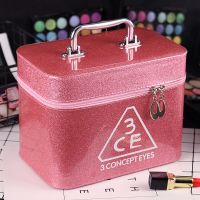 化妆包韩国便携化妆箱收纳盒大容量化妆品包小方包可爱手提洗漱包 亮粉印花3CE 粉色 小号