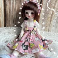 {动物连衣裙}bjd6分娃衣yosd 动物图案印花连衣裙套装6分BJD娃衣 粉色帆布鞋