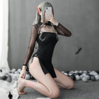 长夜漫漫情趣内衣女 开衩旗袍制服性感镂空系带露乳复古睡裙1304