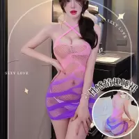 长夜漫漫情趣内衣女性感渐变破洞包臀裙提花挂脖交叉连体网衣5378