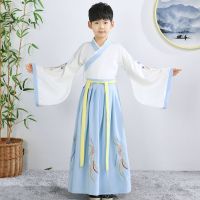 儿童汉服男女童中国风小男孩少爷古装书童国学服三字经朗诵演出服 孔雀蓝 100