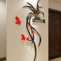 自粘简约亚克力房间装饰墙贴吊兰花植物客餐厅玄关防水3D立体贴画 大红蝶+黑盆+黑叶右版 小号30*63.1厘米