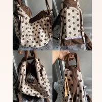 猫吃鱼书包女韩版高中学生复古chic帆布休闲百搭大容量重工双肩包 波点喵重工手提单肩包 棕色款