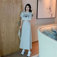 夏季套装女港风chic短款印花T恤+高腰半身裙可盐可甜时尚风两件套 灰色 [两件套] M [建议90-104斤]