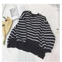 条纹T恤女秋季韩版宽松破洞不规则圆领套头长袖学生百搭薄款上衣 黑色(普通质量) XXL