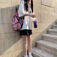 裤子女宽松百搭新款原宿风小个子阔腿裤女学生韩版高腰休闲直筒裤 黑色[五分裤] S 建议65-85斤