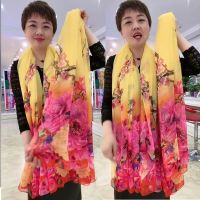 丝巾围巾秋冬季新款女百搭长款披肩沙滩巾春夏时尚防晒鳄鱼皱 黄色花海