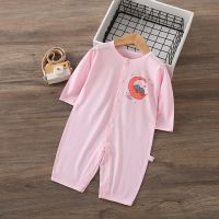 夏季婴儿连体衣长袖男女宝宝哈衣春秋睡衣新生儿衣服春装爬服夏装 闭裆月亮象粉色 90