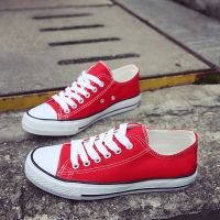 春秋夏男帆布鞋粘扣板鞋学生休闲鞋子情侣透气帆布鞋女魔术贴球鞋 红色 [青春系] A01 44男款