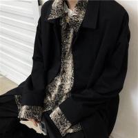 原宿风暗黑嘻哈炸街豹纹假两件长袖衬衫男女港风复古宽松叠穿衬衣 卡其色 M[关注店铺优先发货]