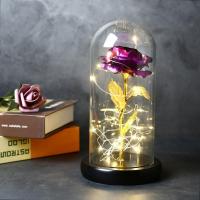 情人节七夕仿金箔玫瑰花发光玻璃罩永生花教师节母亲圣诞生日礼物 紫色 +(送礼盒+电池)