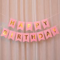 生日快乐派对趴体女孩男生场景布置背景墙气球儿童周岁主题装饰品 粉色拉旗 无灯款