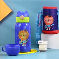 智能温显儿童保温杯316不锈钢带吸管幼儿园男女小学生保温壶500ml 无温显316内底-蓝色(双盖+杯套)