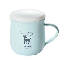 小麦竹纤维奶茶杯简约创意情侣塑料随手杯家用带盖喝水杯饮水杯 320ML牛奶杯[蓝色]