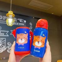 316不锈钢儿童保温杯吸管两用水杯小孩学生幼儿园杯子宝宝水壶 316宝蓝老虎500ml吸管盖+杯套 礼品(杯刷+吸管刷)