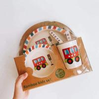 竹纤维儿童餐具套装防摔防烫宝宝餐盘创意卡通家用圆盘分格盘 小汽车(五件套)