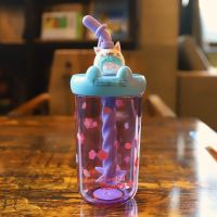 ins韩版少女吸管杯创意塑料杯卡通可爱搅拌杯水杯摇摇杯学生杯子 蓝色派对 (500ML)