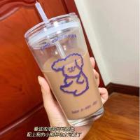 韩ins卡通可爱吸管玻璃透明水杯女学生杯刻度耐高温防漏杯子带盖 泰迪狗狗刻印杯 单杯(如图)