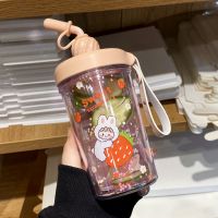 夏季ins风创意潮流杯卡通可爱高颜值搅拌杯双层塑料少女心吸管杯 粉色330ml 送杯刷+吸管刷