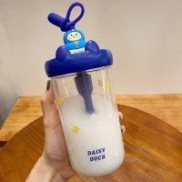 高颜值吸管杯女防摔韩版可爱学生ins风塑料杯少女心便携清新杯子 美好的鸭搅拌杯500ml-蓝色 单杯子+杯刷