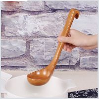 环保老漆木柄汤勺厨房带钩防滑可悬挂长柄盛汤勺子日式拉面木勺 原木色带钩汤勺