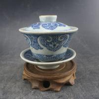 晚清青花三才杯盖碗茶杯古董古玩旧货老货仿古瓷器摆件家用老物件 云肩花纹