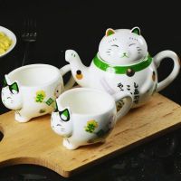 茶壶可爱卡通花茶具陶瓷套装招财猫茶壶日式一壶两杯家用少女茶具 招财猫青一壶两杯+不锈钢滤网 无托盘