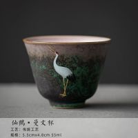 简约焕彩瑞鹤呈祥茶杯手工茶杯陶瓷品茗杯主人被功夫日式粗陶茶具 焕彩仙鹤茶杯-曼文