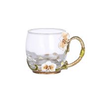 高档珐琅彩水杯欧式家用耐热玻璃杯子办公室女生花茶杯果汁杯套装 咖啡黄 矮款简装(单杯)