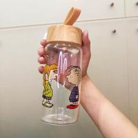创意卡通史努比耐热玻璃杯男女学生便携可爱水杯喝水泡茶竹盖杯子 史努比A