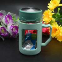 双层玻璃杯隔热带把手办公泡茶杯男士水杯高档带盖透明杯子 350毫升绿色6801带茶网