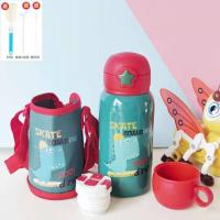 儿童智能保温杯316防摔水壶带吸管两用不锈钢卡通男女可爱水杯 316医用不锈钢[恐龙图案] 一杯三盖+杯套+激光刻字+备