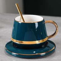 欧式陶瓷咖啡杯碟套装家用小奢华金边简约创意下午茶花茶水杯带勺 1杯1圆碟送勺[孔雀绿]普通包装