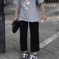 2021秋冬季新款直筒加绒裤子女学生韩版宽松休闲阔腿裤显瘦绣花潮 纯色裤子 S 建议70-90斤