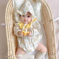 婴儿衣服长袖包屁衣女宝宝公主裙连体衣新生儿满月爬服生日礼物 黄色碎花送帽子[含蝴蝶结袜] 66