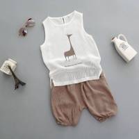 儿童男童背心套装夏季2女宝宝3无袖4纽扣棉麻5两件套6岁8薄款夏装 小鹿两件套 (雪纺) 12# 120码适合身高110