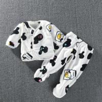 新生儿保暖内衣套装包脚珊瑚绒婴儿法兰绒睡衣0-1岁初生儿连脚裤 白色奶牛 52码#建议6-12斤