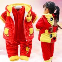 婴儿衣服0-1-2岁棉衣秋冬季男女宝宝衣服加厚棉服外出服三件套装 小鹿三件套红色 73