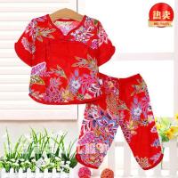 宝宝睡衣春秋两件套装东北大花布家居服男女儿童装棉绸小孩幼儿园 深粉红 中国风凤凰短袖 80