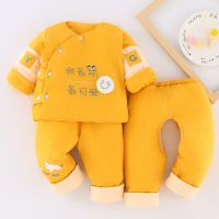 新生儿衣服刚出生婴儿棉衣和尚服冬款加厚外套宝宝0--6月初生套装 姜黄色 2006加厚款萌笑脸宝宝三件套 59 建议0-