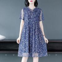 宽松休闲遮肚子显瘦连衣裙大码夏装胖MM印花网纱气质碎花中长裙 蓝色 L 建议100-115