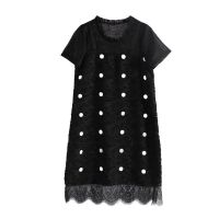 孕妇装夏天裙子连衣裙时尚潮妈夏装过膝女长裙孕妈妈波点雪纺短袖 黑色 M65-105