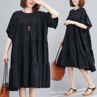大码女装夏季新款韩版棉麻中长裙短袖宽松显瘦胖MM遮肚藏肉连衣裙 黑色 XL(建议100-140斤)