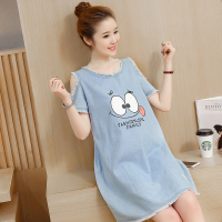 孕妇夏装显瘦牛仔裙孕妇连衣裙a字裙中长款短袖露肩宽松孕妇装 浅蓝色 M