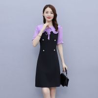2021夏季新款娃娃领短袖连衣裙胖妹妹甜美减龄小个子修身小黑裙子 紫色 FF046-8128 M 90-100斤