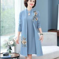 大码300斤中年女妈妈春秋装中长款显瘦两件套阔太太减龄旗袍裙女 8868浅蓝色[莎莱琪] XXS 已售馨